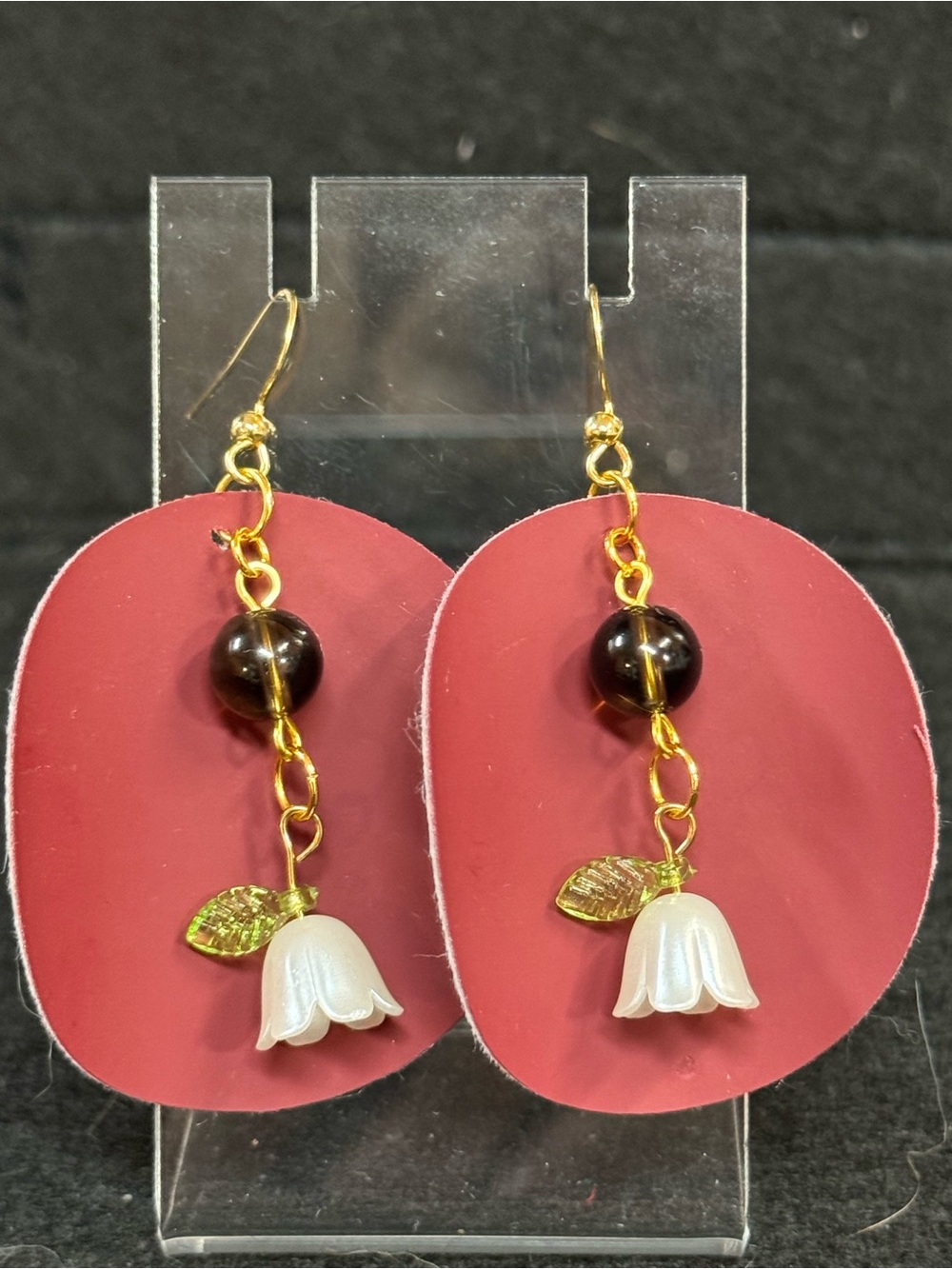 Burgundy Faux Leather with White Acrylic Flower Earrings